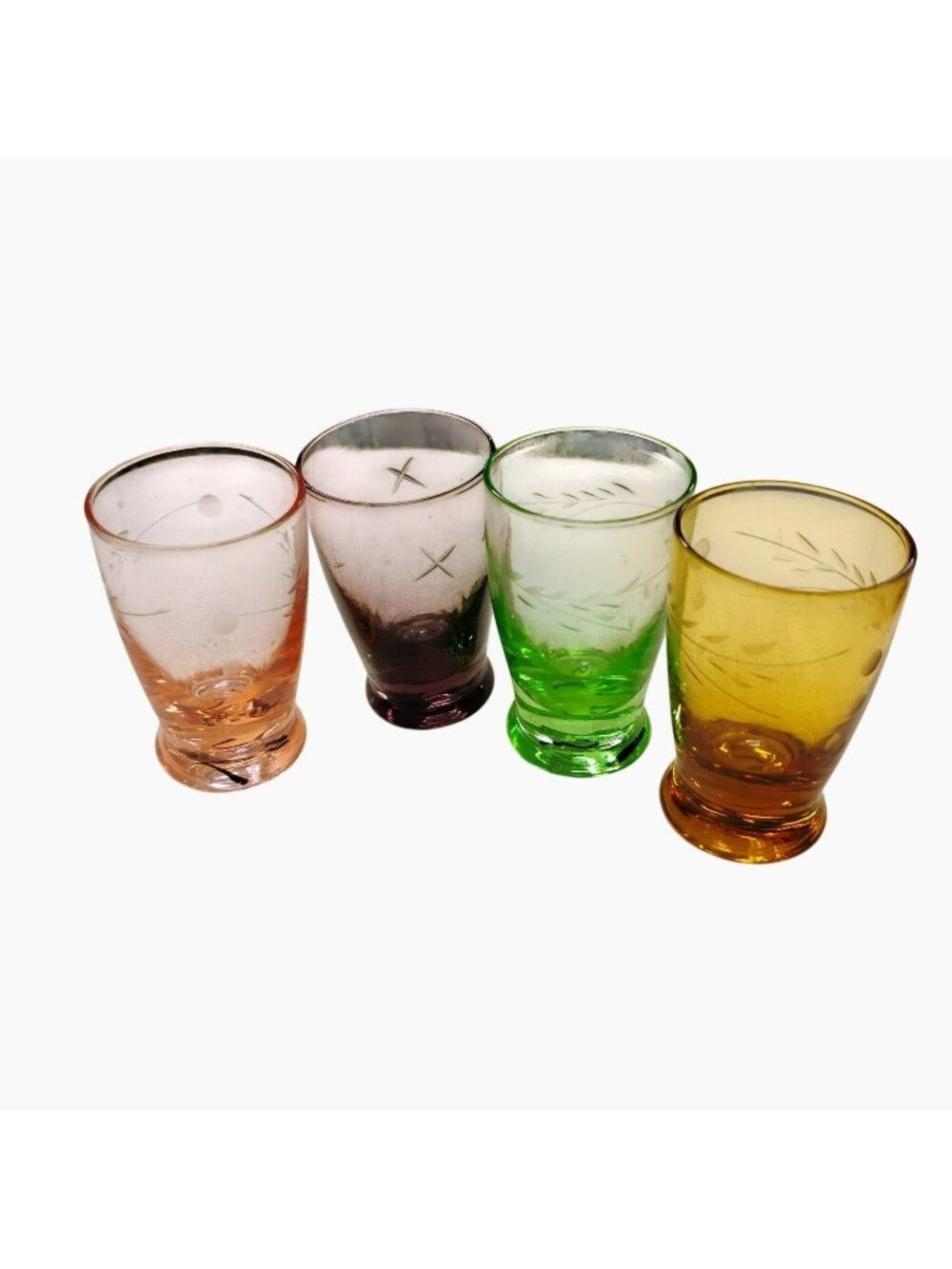 Vintage Multicolor Shot Glass Set Of 4, Etched Design, Mid Century Barware